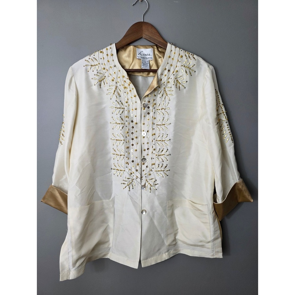 Linea Louis Dell'Olio Silk Beaded Sequin Blouse Cream Gold Small Evening Top